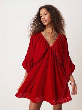 Free People Portia Ruby Red Velvet V-Neck Mini Dress M